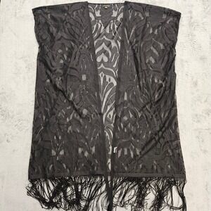 Ana & Rose Black Lace Fringe Kimono Cover Up Damask Pattern One Size Boho Whimsy